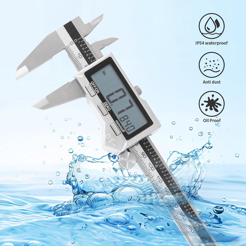 UNIPEC 6" / 150 mm Stainless Steel Digital Caliper (IP54) & Stainless Steel Rule Set, Inch/Millimeter/Fraction Conversion, Splash-Proof Protection with Large LCD Display – Precision Measuring Tools - Image 2